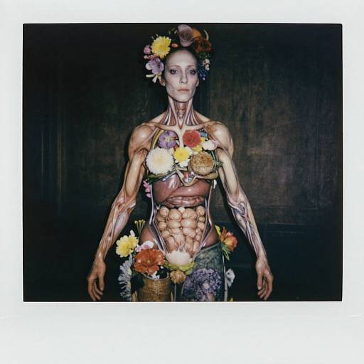 Photograph of a muscular woman with exposed abs, adorned with vibrant flowers in her hair and on her chest and hips, against a dark, textured background