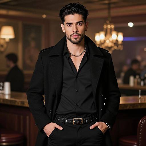 Photorealistic digital image of a handsome, bearded man with dark hair, wearing a black coat, shirt, and belt, standing in a dim