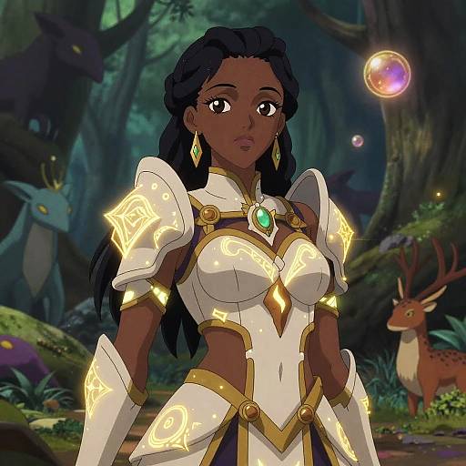 Digital anime-style illustration of a dark-skinned woman with long black hair, glowing white and gold armor, green gem, in enchanted forest with deer,