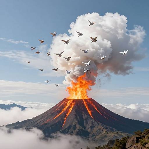 Photograph of a volcanic eruption with bright orange lava flowing down a mountain, thick white smoke billowing, and a flock of birds flying away against a