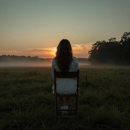 Woman Sitting on Chair in Field at Sunset