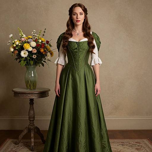 Photograph of a young woman with long brown hair, wearing a green Victorian-style dress with white lace sleeves, standing in front of a floral vase on