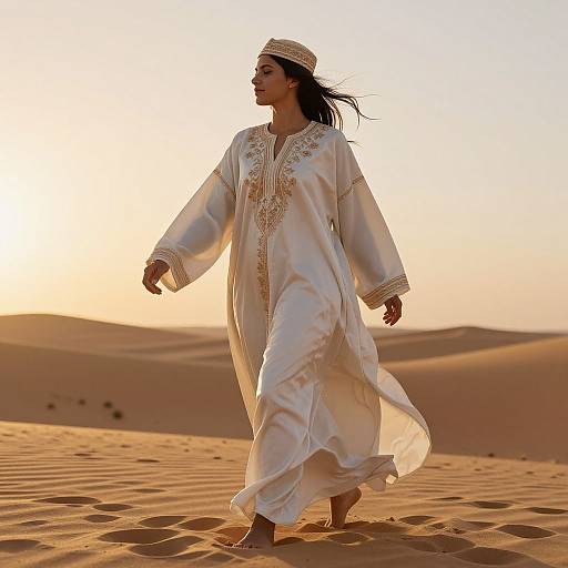 Photograph of a woman in a white, ornately embroidered traditional Middle Eastern dress, walking barefoot in a golden desert sunset.
