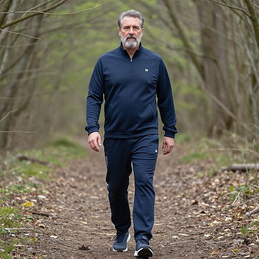 Photograph of a middle-aged man with a gray beard, wearing a black athletic outfit, walking on a forest path with brown dirt and scattered leaves.