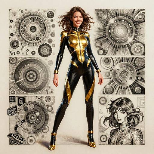 Digital art: Smiling woman in gold and black tight suit, standing confidently, surrounded by intricate black-and-white mechanical patterns and a detailed monochrome portrait