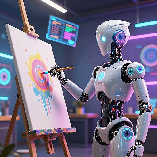 Futuristic Robot Artist Painting Neon
