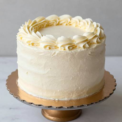 Photograph of a simple, round, white-frosted cake with piped cream rosettes on top, displayed on a gold cake stand against