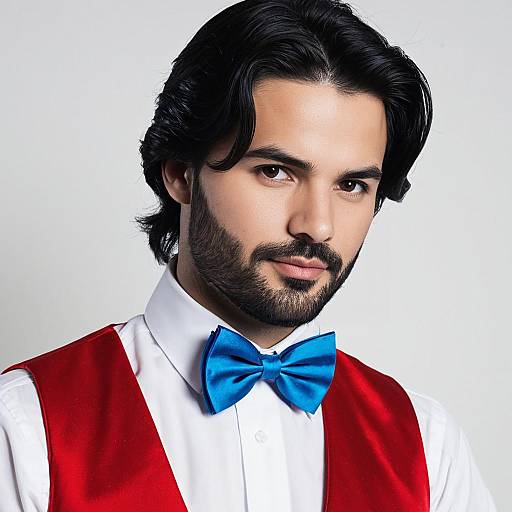 Young Man in Blue Bowtie and Red Vest