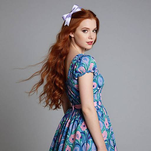 Photograph of a fair-skinned redheaded woman with long wavy hair, wearing a blue floral dress and white bow, looking over her shoulder against