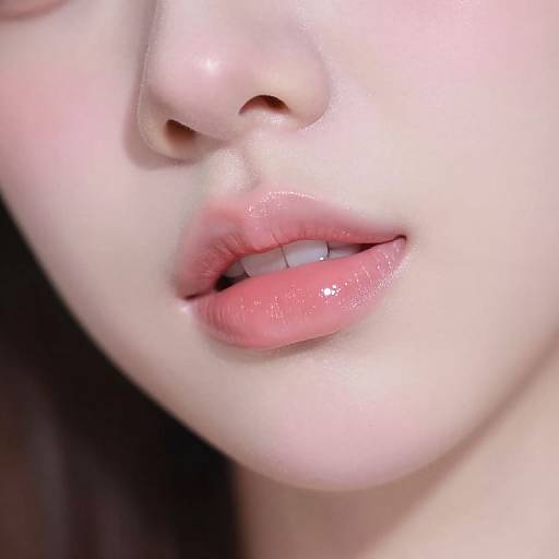 Close-up photograph of a fair-skinned woman's lips, slightly parted, with glossy pink lipstick and smooth skin, against a dark background.