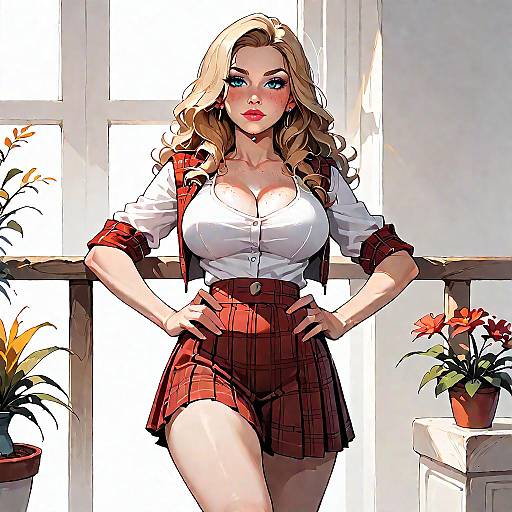 Stylish Blonde Woman in Plaid Skirt