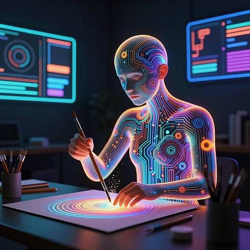 Abstract AI Artist with Light and Circuits