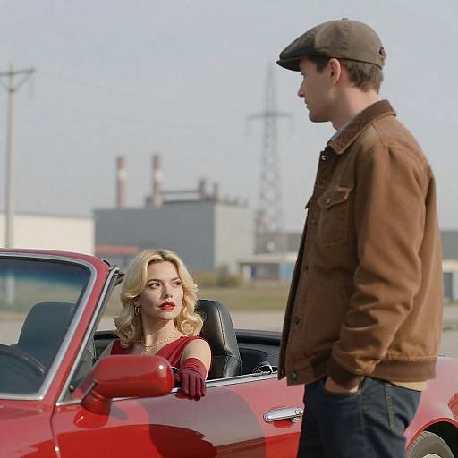 Man and Woman by Red Convertible