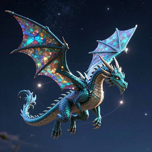 Vibrant, glowing blue dragon with colorful, stained-glass wing patterns soaring through a starry night sky. Digital CGI artwork.