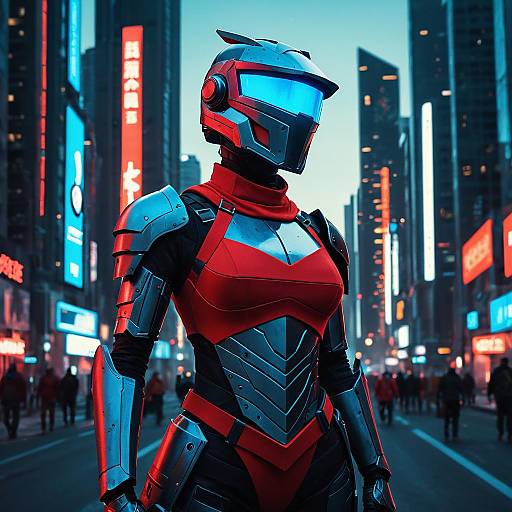 Armored Knight with Blue Visor in Futuristic City