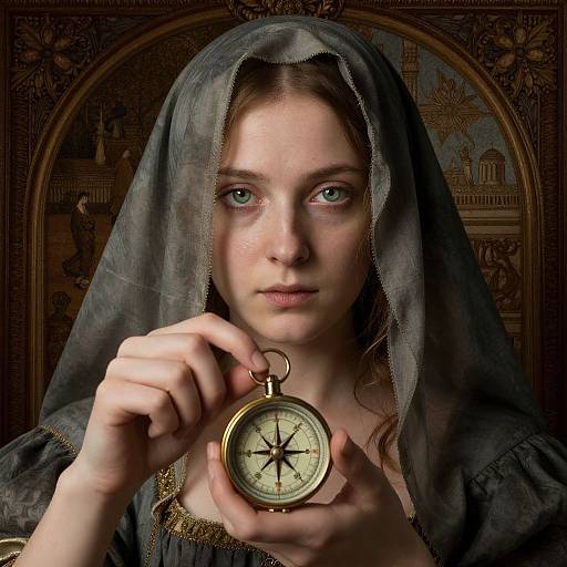 Photograph of a young woman with green eyes, wearing a gray veil, holding a brass compass with a black compass rose, set against a detailed,