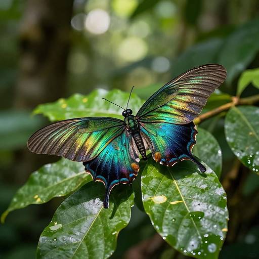 Vibrant blue, green, and yellow butterfly with black and orange edges, perched on wet, glossy green leaf in a lush, blurred forest