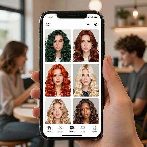 Photograph of a hand holding a smartphone displaying six women's portraits with different hair colors, set against a blurred cafe background.