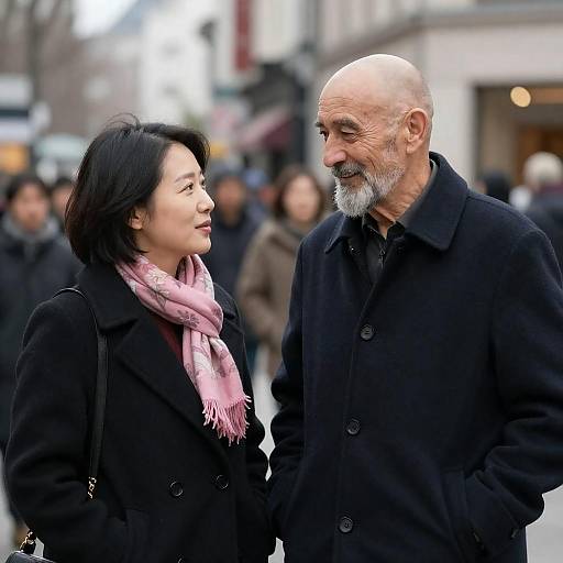 Elderly Man Smiles at Young Woman