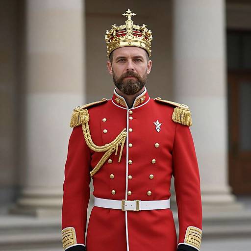 Photograph of a bearded man in a red military uniform with gold epaulettes, white belt, and gold crown, standing in front of