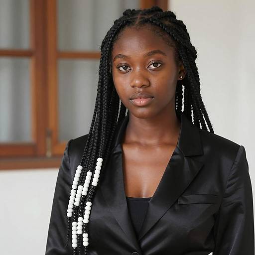 Young Black Woman with Braided Hair and Satin Blazer