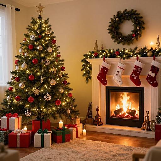 Photograph of a cozy Christmas living room with a lit fireplace, decorated Christmas tree, garland, stockings, candles, and gifts.