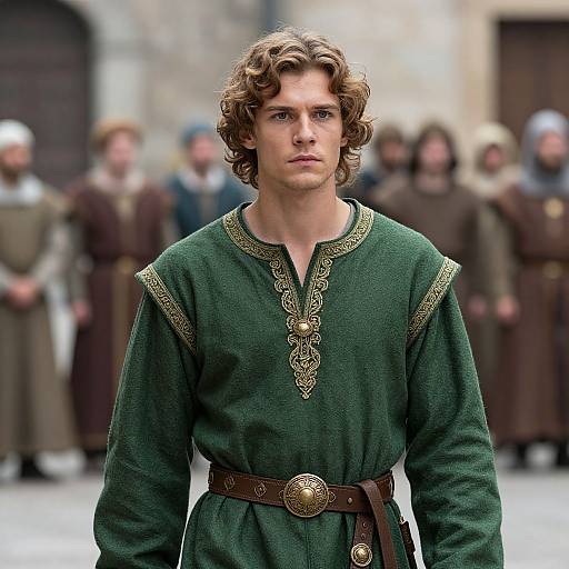 Photograph of a young, curly-haired man in a medieval green tunic with gold trim and brown belt, standing in a blurred medieval town square with