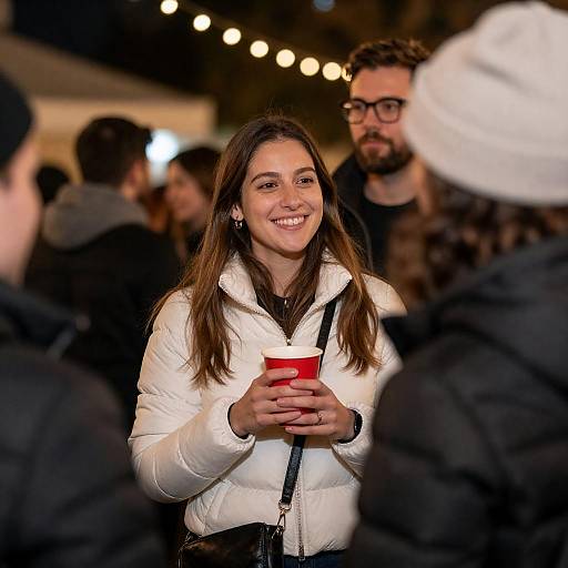 Smiling Woman Holding Red Cup at Outdoor Event