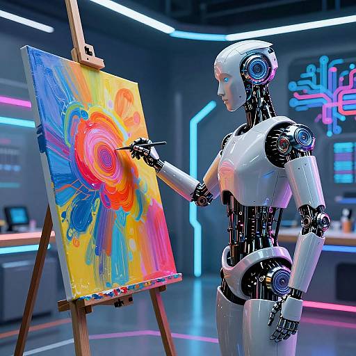 Futuristic Robot Painting Digital Canvas