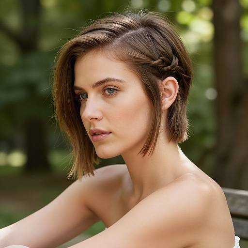 Photograph of a young woman with short, brown, braided bob hairstyle, fair skin, blue eyes, and bare shoulders, seated outdoors in a