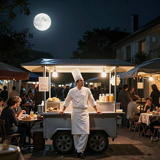 Photograph of a nighttime street market with a moonlit sky, a white-clad chef standing at a brightly lit food cart, surrounded by seated din