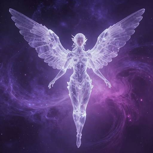 Digital artwork of a glowing, translucent angel with large, detailed wings, floating in a cosmic, purple-hued space background.