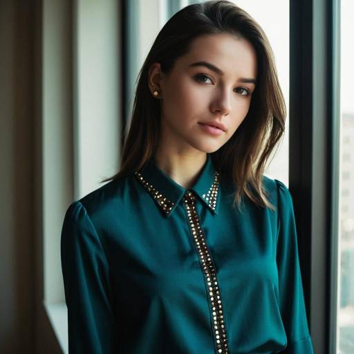 Young Woman in Teal Studded Blouse by Window