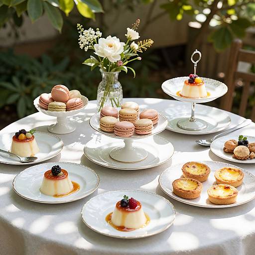 Photograph of an outdoor tea table with white porcelain plates, macarons, cream puffs, fruit-topped desserts, and a floral vase,