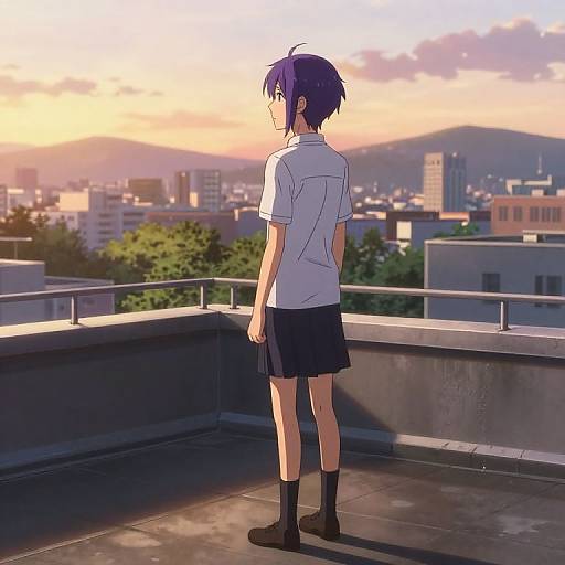 Anime-style digital drawing of a blue-haired boy in a white shirt and black skirt standing on a rooftop, looking at a cityscape at sunset.