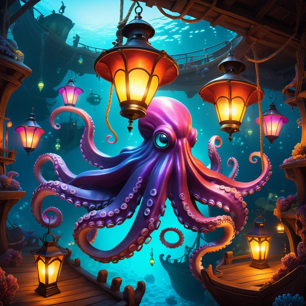 Surreal Octopus Lantern in Sunken Ship