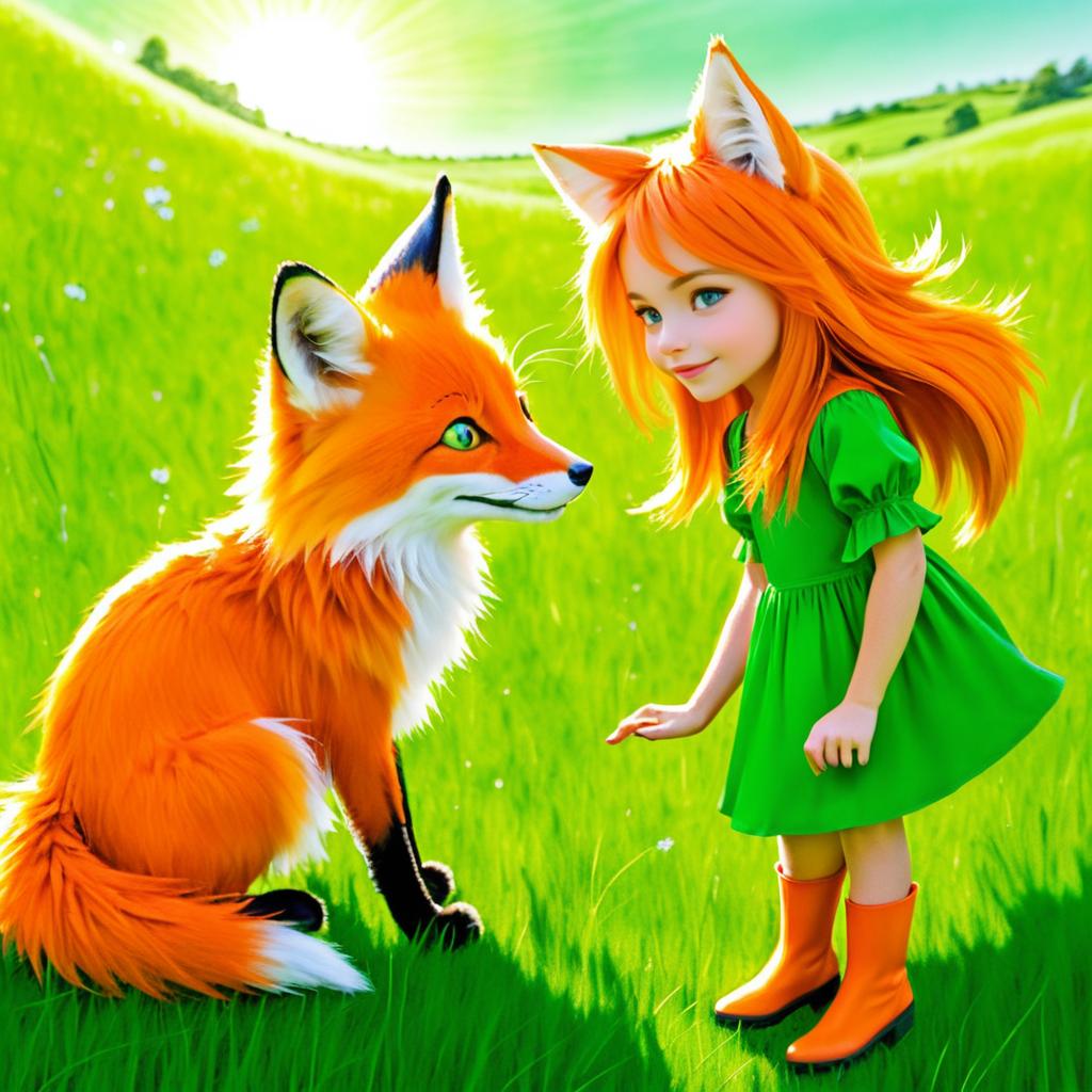 Mischievous Fox and Girl in Meadow