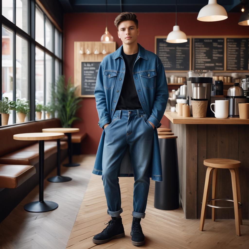 Avant-Garde Denim Portrait in Coffee Shop