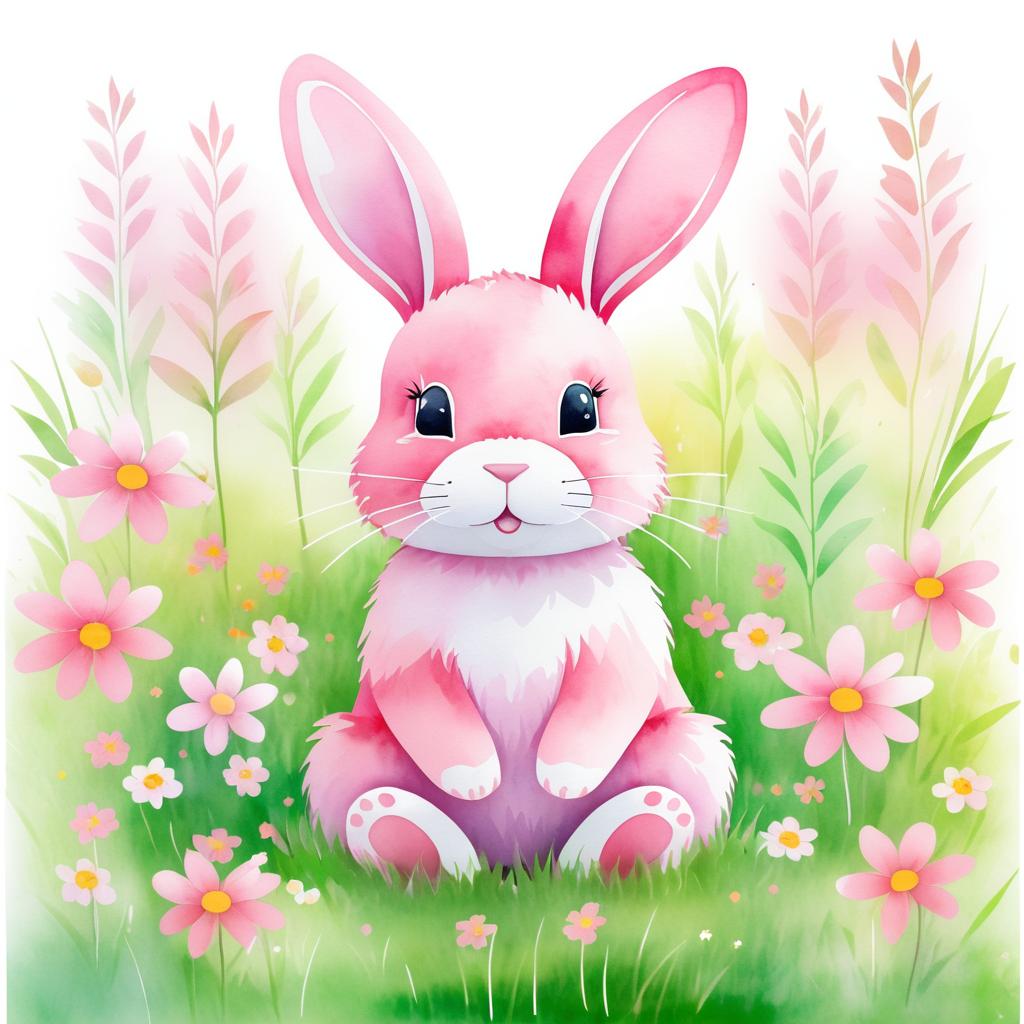 Adorable Pink Bunny in Flower Meadow