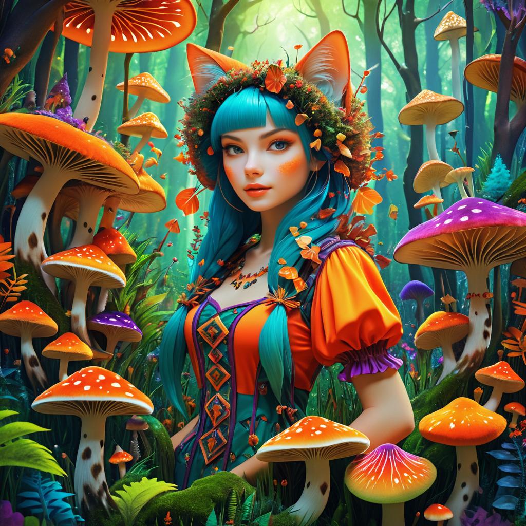 Whimsical Cat Girl in Vibrant Fungi