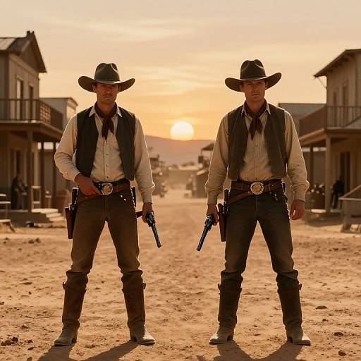 Photograph of two cowboy-style lawmen in brown vests, white shirts, and black hats, each holding a gun, standing on a dusty Western street
