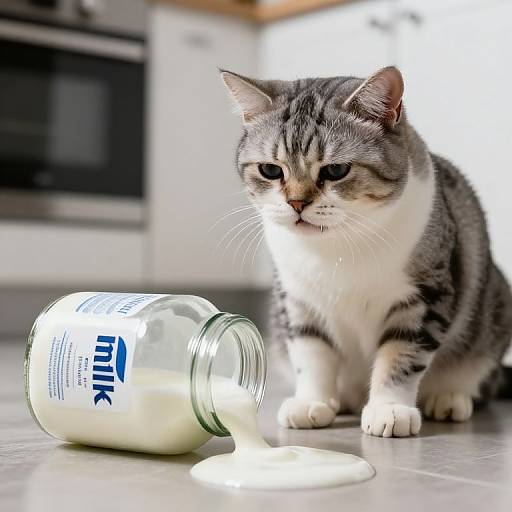Photograph of a gray and white tabby cat with a curious expression, sitting on a kitchen floor beside an overturned glass milk bottle spilling milk.