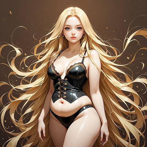 Digital anime-style illustration of a blonde, blue-eyed woman with long flowing hair, wearing a black leather corset and matching panties, set against a dark