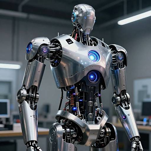 Photorealistic CGI of a shiny, blue-lit humanoid robot with metallic arms and joints, standing in a modern, dimly lit office.