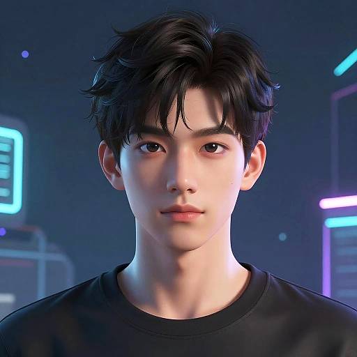 Digital CGI portrait of an Asian male with short, tousled black hair, fair skin, and neutral expression, wearing a black shirt, against a futuristic