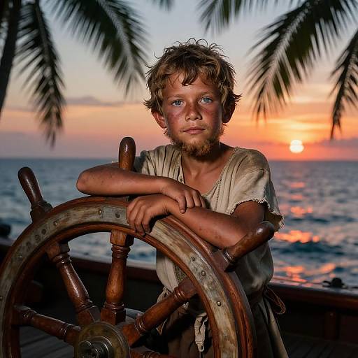 Photograph of a young boy with messy brown hair and beard, wearing a tattered shirt, leaning on a wooden ship wheel at sunset, with palm