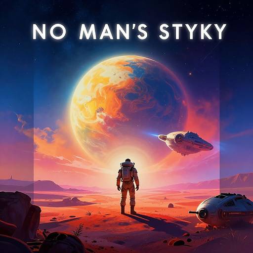 Digital art of a lone astronaut in a spacesuit standing on a red desert planet, facing a glowing, colorful Earth and a spaceship, with 