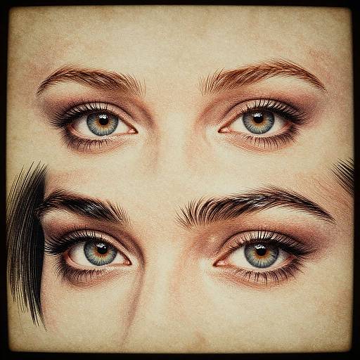 Close-up photograph of a woman's piercing blue eyes with thick, arched eyebrows, light skin, and subtle eye makeup, framed by a dark border