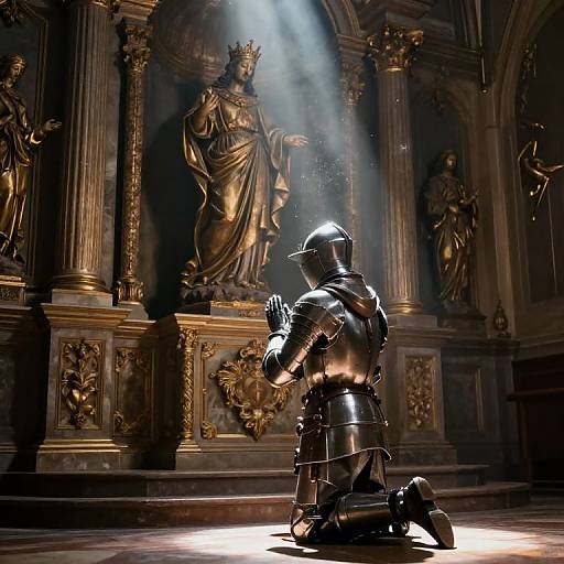 Photorealistic CGI: A knight in shiny, silver armor kneels before an illuminated, gold-ornamented altar with a statue of a ro