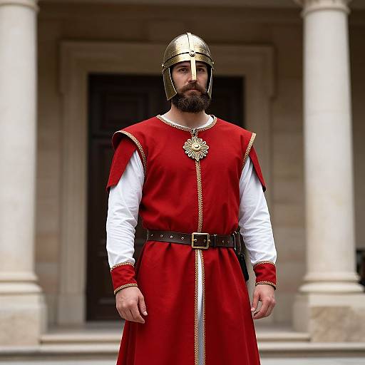 Medieval Man in Red and White Skirt